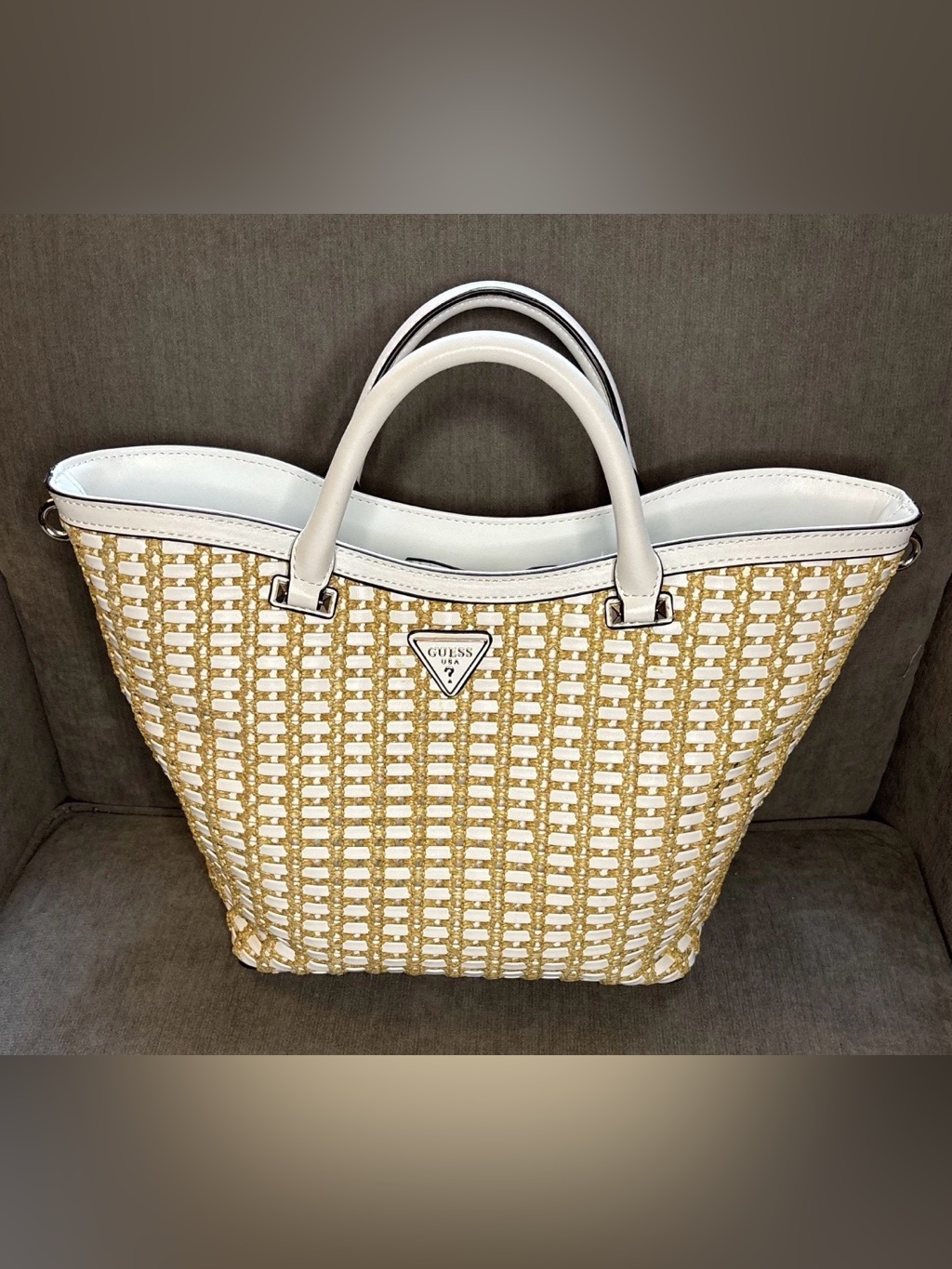 Guess Atalia Large Raffia Crossbody Tote And White/Raffia Needs Crossbody Strap